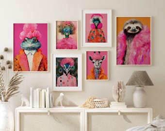 Anthropomorphic Animal Fashion Art Print Set of 6 DIGITAL, Funky Maximalist Wall Art Decor