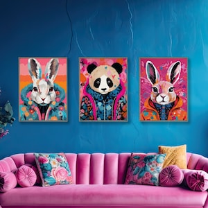 Colorido animal moda arte impresiones maximalista pared arte funky animal cartel hipster pared arte panda cartel peculiar pared arte conejo arte impresión