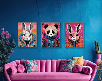 Colorful Animal Fashion Art Prints Maximalist Wall Art Funky Animal Poster Hipster Wall Art Panda Poster Quirky Wall Art Rabbit Art Print