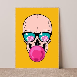 May include: A cartoon skull wearing sunglasses with pink clouds reflected in the lenses, blowing a pink bubble on a yellow background.