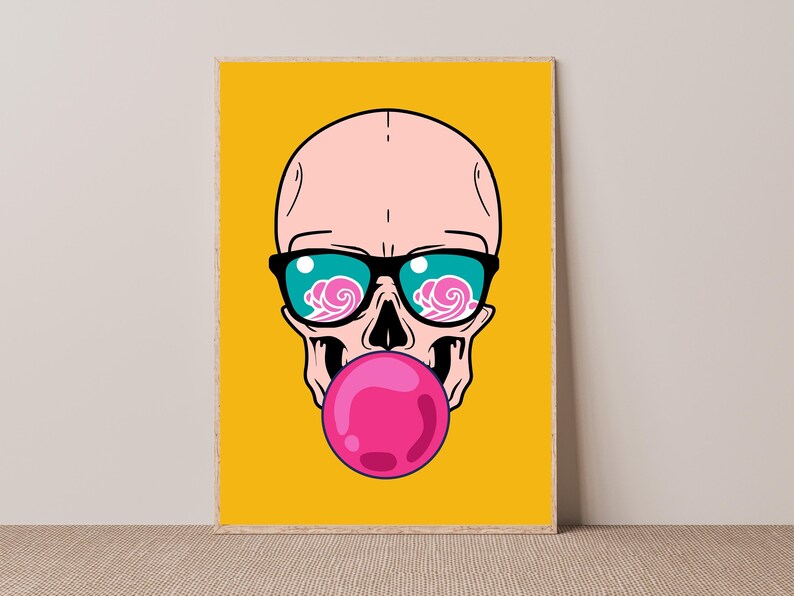May include: A cartoon skull wearing sunglasses with pink clouds reflected in the lenses, blowing a pink bubble on a yellow background.