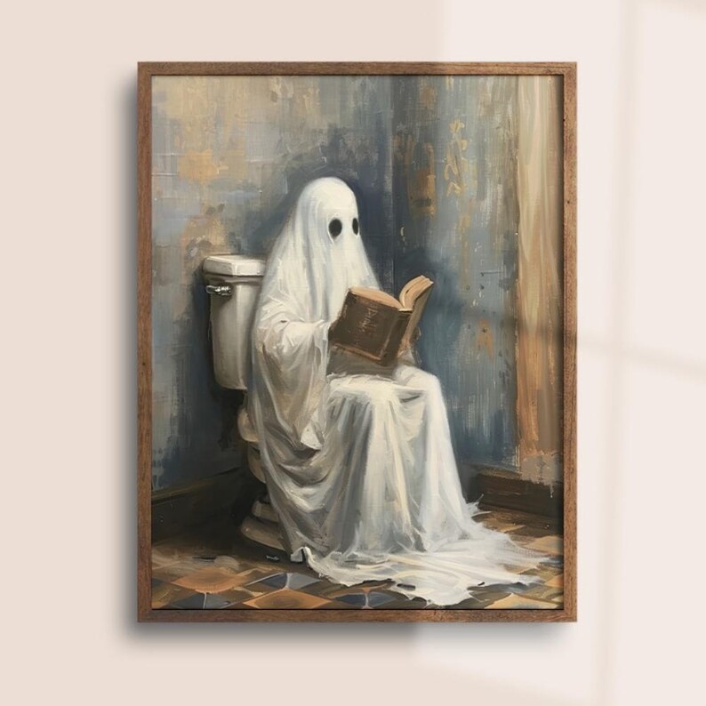 May include: A painting of a ghost sitting on a toilet and reading a book. The ghost is wearing a white sheet and has two black eyes. The toilet is white and has a brown seat. The book is brown and has a white cover. The background is a blue and white wall.