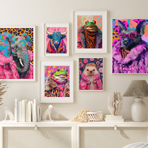 Impresiones de arte de moda animal antropomórfico Arte de pared maximalista Retratos de animales funky Impresión hipster linda Arte de pared peculiar Paquete de impresión preppy