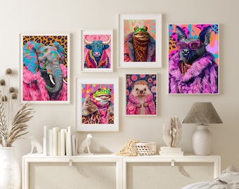 Anthropomorphic Animal Fashion Art Prints Maximalist Wall Art Funky Animal Portraits Cute Hipster Print Quirky Wall Art Preppy Print Bundle