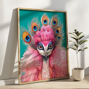 Pavo real en piel rosa pastel animal moda arte impresión peculiar pared arte antropomórfico pavo real retrato hipster cartel vivero animal pared arte