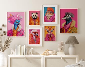Anthropomorphic Animal Fashion Art Prints, Funky Maximalist Wall Art (Digital Download)