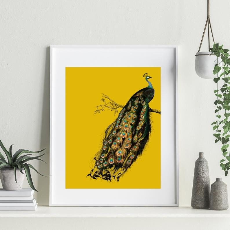 Vintage Peacock Wall Art Print Digital Printables Yellow Etsy