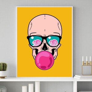 May include: A cartoon skull wearing sunglasses with pink clouds reflected in the lenses and blowing a pink bubble. The background is yellow.