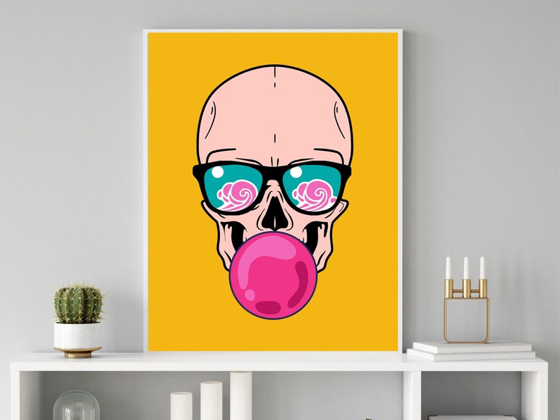 May include: A cartoon skull wearing sunglasses with pink clouds reflected in the lenses and blowing a pink bubble. The background is yellow.