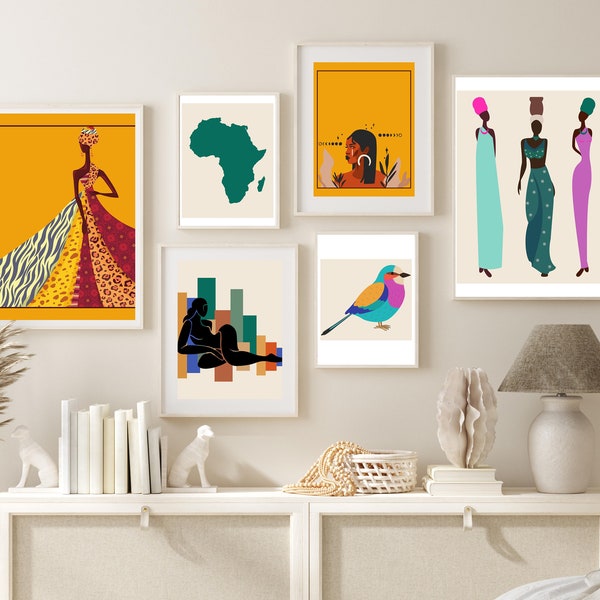 Yellow and Teal African American Trendy Wall Art Set of 6 Prints, Colorful Gallery Wall Set, Vibrant Eclectic Posters,Black Woman Art Prints