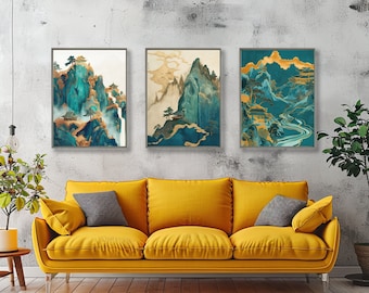 Traditional Chinese Art Gallery Wall Set of 3 Prints Oriental Posters Emerald Green and Gold Wall Art Chinese Countryside Landscape Scenery