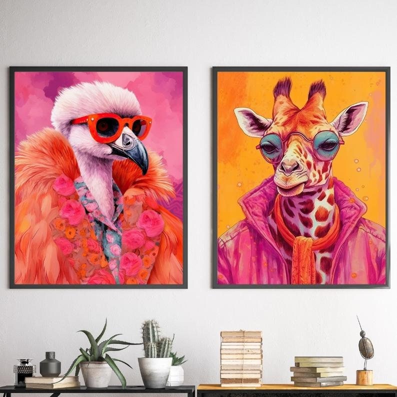 Colorful Animal Fashion Art Prints Maximalist Wall Art Funky Animal Fashion Portraits Cute Hipster Print Quirky Wall Art Preppy Poster Set image 4