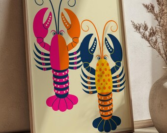 A Pair of Colorful Lobsters Seafood Wall Art Print DIGITAL, Marine Life Coastal Poster