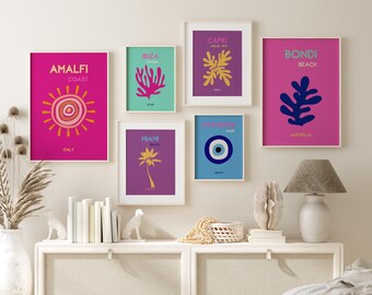 Colorful Travel Poster Set of 6 DIGITAL, Ibiza, Mykonos, Miami Beach, Amalfi, Capri, Bondi