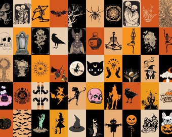 May include: A grid of Halloween-themed illustrations in black, orange, and cream. The images include skeletons, skulls, witches, bats, and other spooky elements. The overall design is a collage of various Halloween-related graphics.