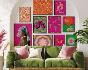 Levendige maximalist-galerijmuurset van 10, kleurrijke posters, funky kunstafdrukken, retro wanddecoratie, typografieposters, heldere pop-artafdrukken