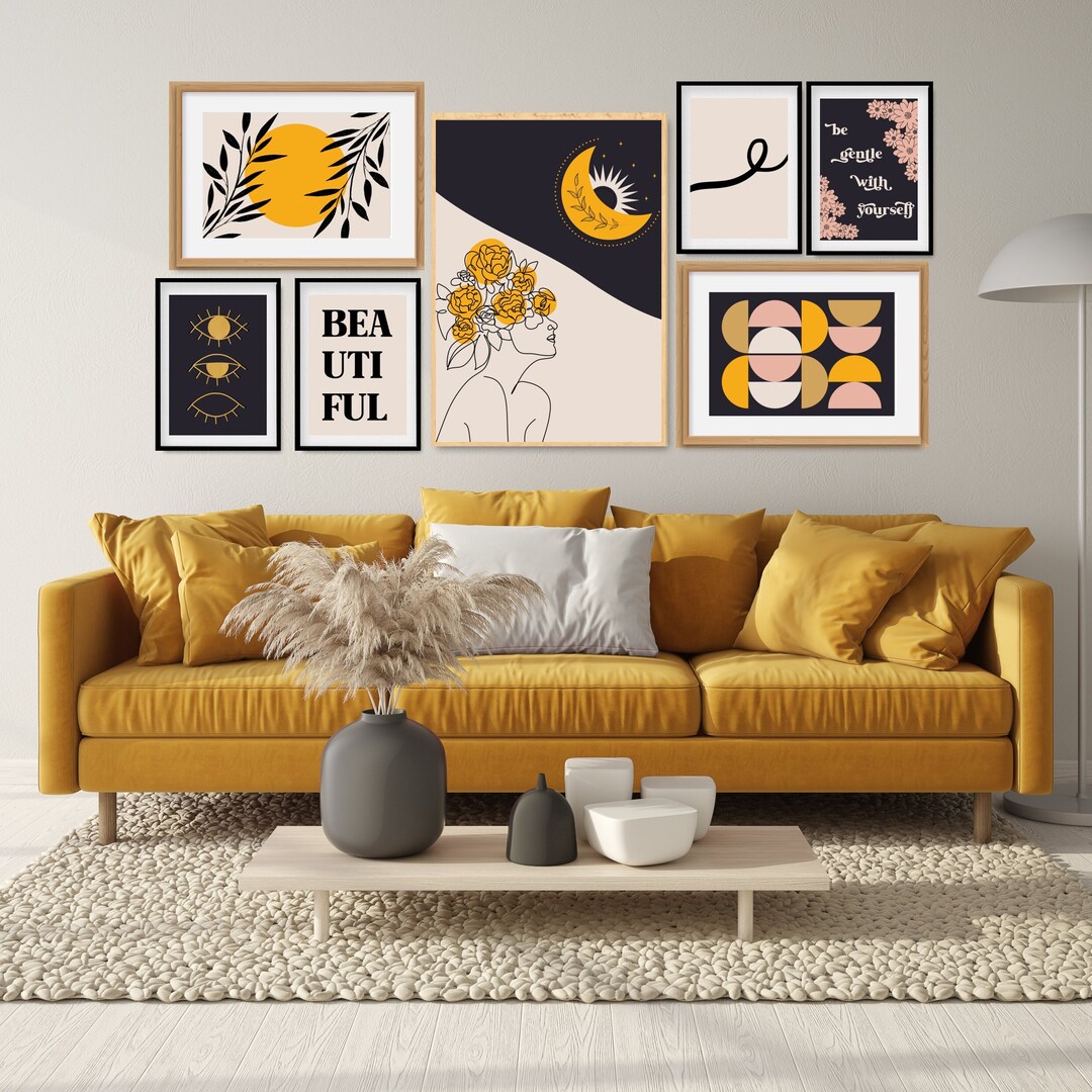 Mustard Yellow Boho Gallery Wall Set of 7, Flower Woman Head, Digital