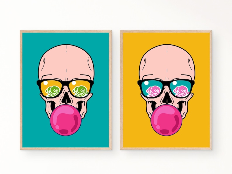 May include: Two digital art prints featuring a skull wearing sunglasses and blowing a bubble. The skull in the left print has green sunglasses and a turquoise background. The skull in the right print has blue sunglasses and a yellow background.