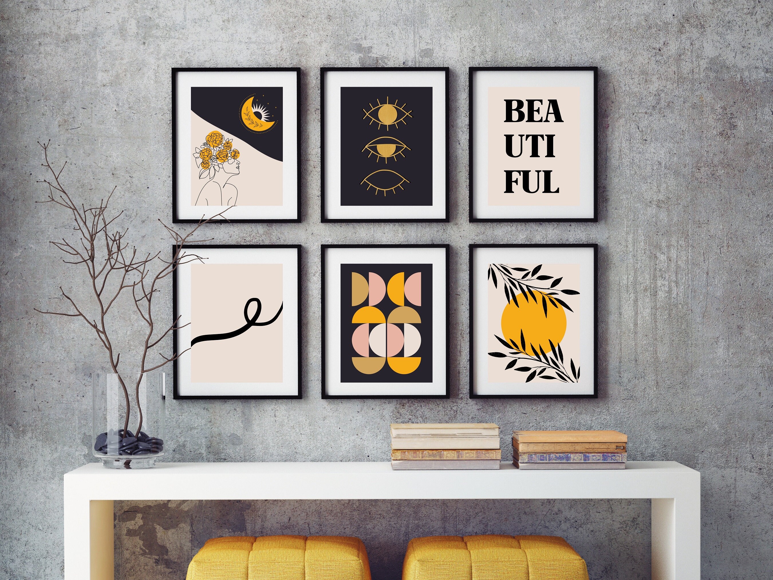 Mustard Yellow Boho Gallery Wall Set of 7 Flower Woman Head Etsy