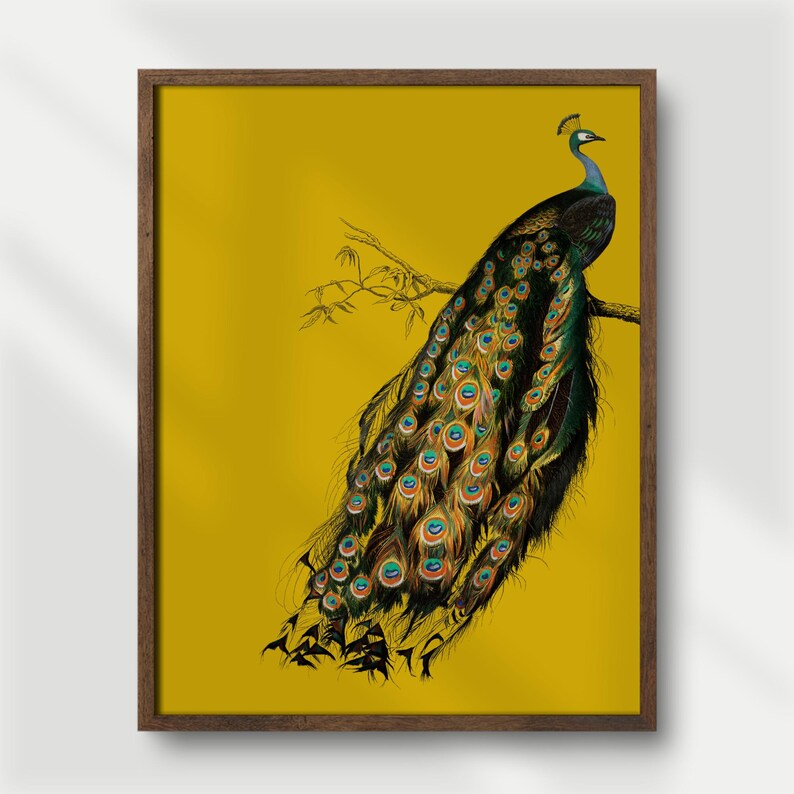 Vintage art nouveau-print pauw, mosterdgeel muurdecoratie (digitale download) afbeelding 2