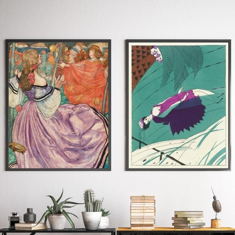 May include: Two framed art prints, one depicting a woman in a purple dress with a red sash, the other depicting a woman in a purple dress swimming in a turquoise pool.
