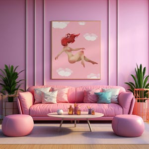 May include: A pink living room with a pink sofa, two pink ottomans, and a round coffee table. A framed artwork of a nude figure floating in the sky hangs above the sofa. Decorative pillows and plants add to the room's aesthetic.