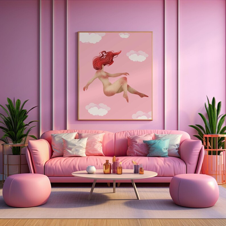 May include: A pink living room with a pink sofa, two pink ottomans, and a round coffee table. A framed artwork of a nude figure floating in the sky hangs above the sofa. Decorative pillows and plants add to the room's aesthetic.