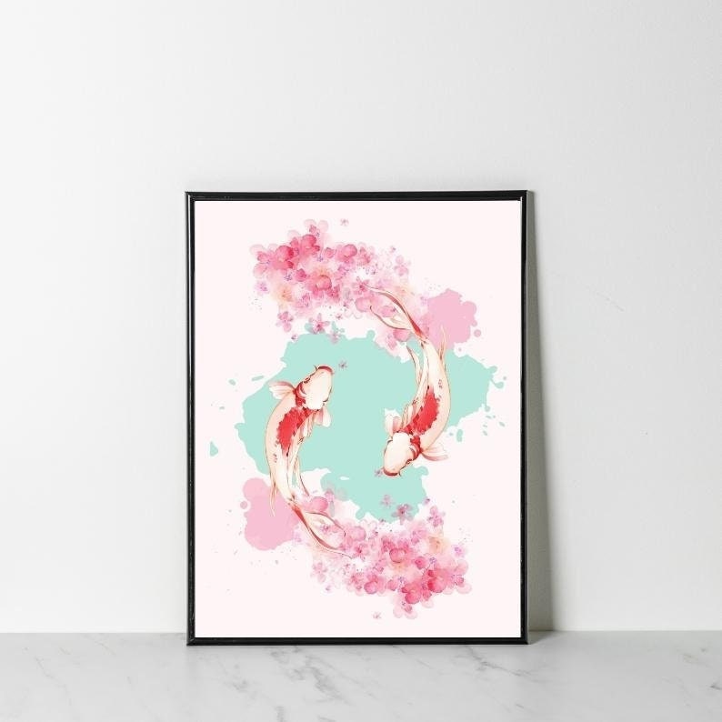 May include: Two red and white koi fish swimming in a circle with pink cherry blossoms and a light blue background.