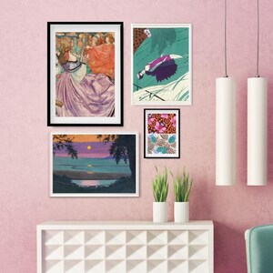 May include: A gallery wall with four framed prints. The top left print features a vintage illustration of women in a garden. The top right print features a woman in a purple dress falling from the sky. The bottom left print features a landscape with a sunset. The bottom right print features a colourful abstract pattern.