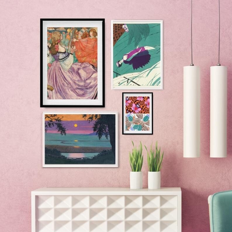 May include: A gallery wall with four framed prints. The top left print features a vintage illustration of women in a garden. The top right print features a woman in a purple dress falling from the sky. The bottom left print features a landscape with a sunset. The bottom right print features a colourful abstract pattern.