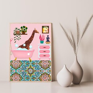 Bathing Giraffe Pink Wall Art, Animal in Bath Print, Maximalist Wall Art, Pink Giraffe Printable, Bathroom Wall Decor, DIGITAL DOWNLOAD image 8