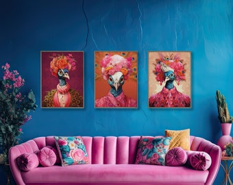 Colorful Rococo Peacock Art Prints Maximalist Wall Art Funky Animal Fashion Portraits Anthropomorphic Quirky Wall Art Preppy Poster Set