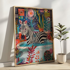 Zebra in Bathtub Print Bathroom Wall Art Decor Animal Poster Maximalist Wall Art Funky Zebra Print Colorful Zebra Poster Quirky Wall Art