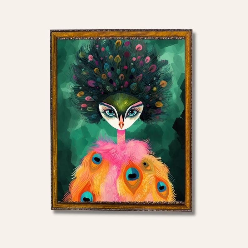 Colorful Peacock Fashion Art Prints Maximalist Wall Art