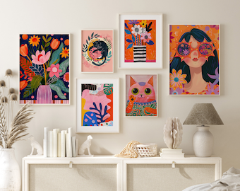 Maximalist Gallery Wall Set of 6, Exhibition Posters, Funky Wall Art, Trendy Posters, y2k Aesthetic, Quirky Wall Art, Floral Art Prints