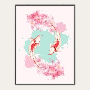 May include: Two red and white koi fish swimming in a circle surrounded by pink cherry blossoms and blue and pink watercolor splatters.