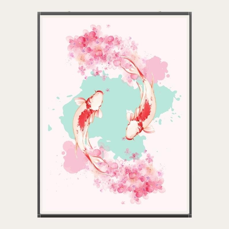 May include: Two red and white koi fish swimming in a circle surrounded by pink cherry blossoms and blue and pink watercolor splatters.