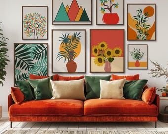 BOHO Chic Orange Tavelvägg Set med 8 Tryck, Digital Blommig Väggkonst, Färgglada Posters, Retro Estetik, Elegant Vardagsrumsväggdekor