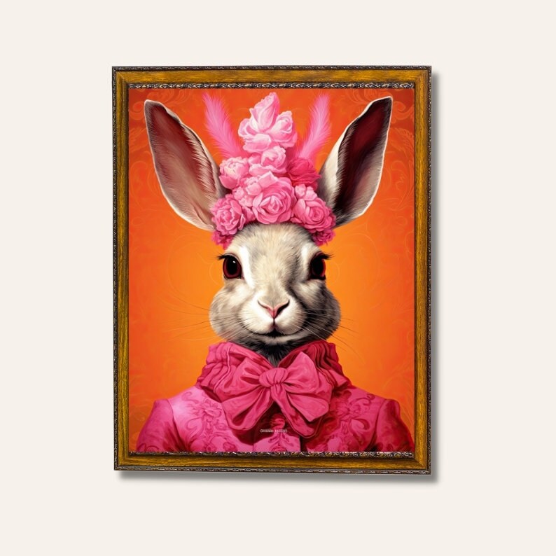 May include: A framed painting of a rabbit wearing a pink flower crown and a pink ruffled collar with a large pink bow. The rabbit has a white face and brown fur. The background is a bright orange.