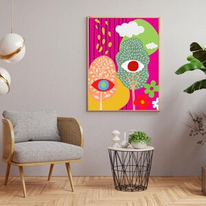 Onda ögat skog trippy väggkonst, färgglad udda affisch, nyckfull folkkonstdekor, mitten av århundradet modern abstrakt konsttryck, digital nedladdning bild 7