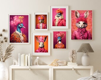 Rococo Animal Portraits Surreal Art Prints Maximalist Wall Art Animal Fashion Posters Anthropomorphic Quirky Wall Art Preppy Poster Set