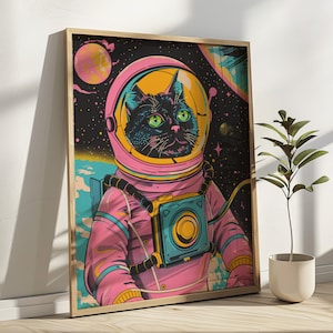 Retro Astronaut Katze Poster Funky Astronaut Katze Kunstdruck Schwarze Katze Wand Kunst Trippy Katze Poster Maximalist Kinderzimmer Katzenliebhaber Geschenk