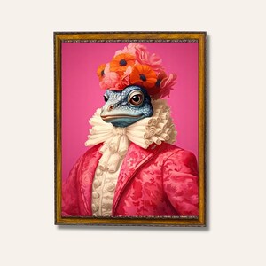 May include: A painting of a frog wearing a pink and white ruffled jacket and a crown of orange and pink flowers. The background is a solid pink.