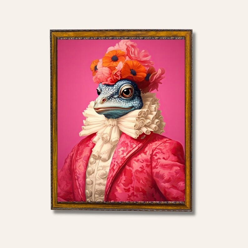 May include: A painting of a frog wearing a pink and white ruffled jacket and a crown of orange and pink flowers. The background is a solid pink.