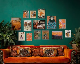 Orange Artful Gallery Wall-Set Prints Eclectic Wall Art Vintage Posters DIGITAL Gustav Klimt, Edgar Degas, Egon Schiele, Hilma af Klint