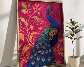 Art Nouveau Peacock Illustration on Fuchsia Wall Art Print Peacock Poster Colorful Animal Art Nouveau Posters Vibrant Gallery Wall Prints