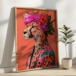 Impresión artística de moda animal con guepardo en chaqueta funky Retrato de guepardo antropomórfico Pósteres coloridos Póster de guepardo con flores de moda