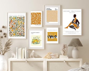 DIGITAL Yellow Gallery Wall Set of 6, William Morris Art, Yayoi Kusama Print, Exhibition Poster, Henri Matisse Print, Flower Market Poster
