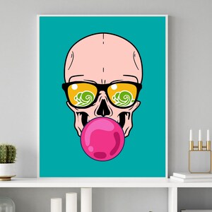 May include: A cartoon skull wearing sunglasses and blowing a pink bubble. The sunglasses have a green and yellow design with a wave pattern. The background is teal.