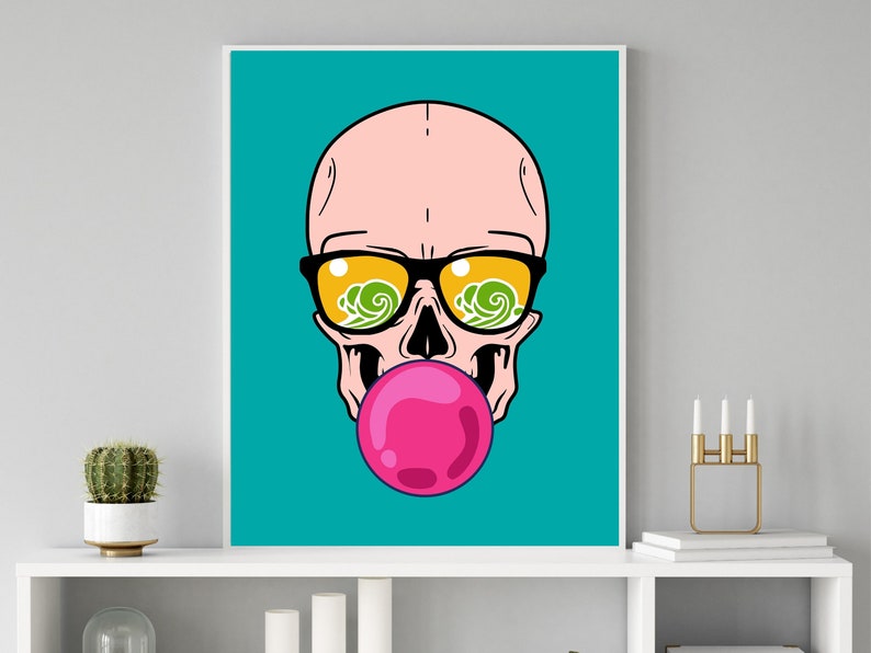 May include: A cartoon skull wearing sunglasses and blowing a pink bubble. The sunglasses have a green and yellow design with a wave pattern. The background is teal.